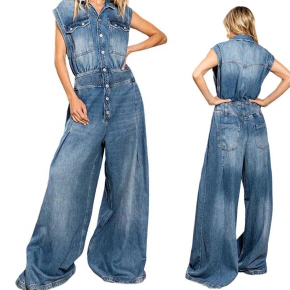 BUCKETLIST Denim Jumpsuit Super Wide Leg Sleeveless Flight Suit Button Snap M - Picture 1 of 7